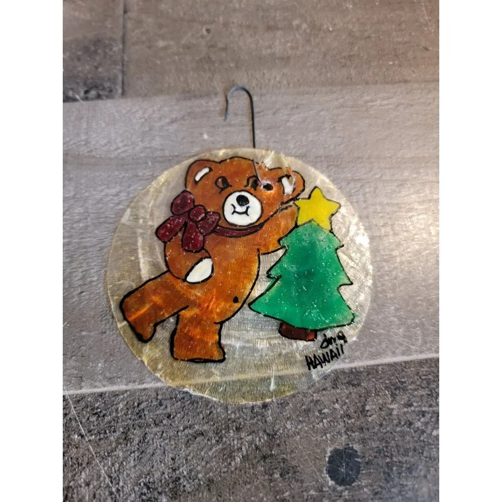 Vintage Stained Teddy bear bow tree ornament xmas
